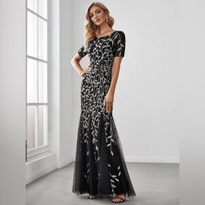 🆕 Floral Sequin Print Maxi Long Fishtail Formal Dresses With Half Sleeve